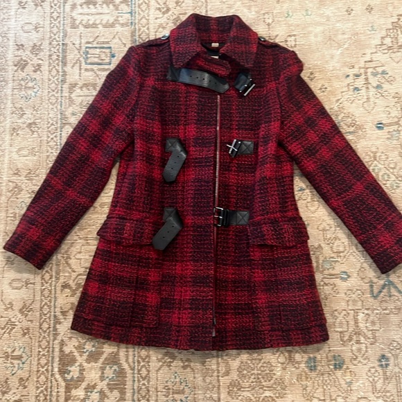 Burberry Brit Black and Red Plaid Wool Tweed Coat - Picture 3 of 16